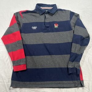 Men's Cotton Traders Long Sleeve Rugby Shirt Navy Red Blue Stripe England Rose M